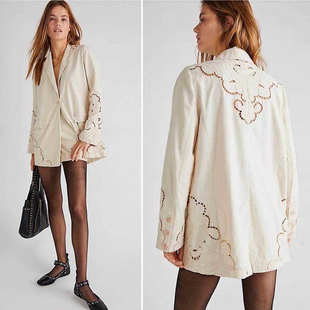 free people | sweet illusions cutwork suit set shorts blazer ivory 6 nwt htf